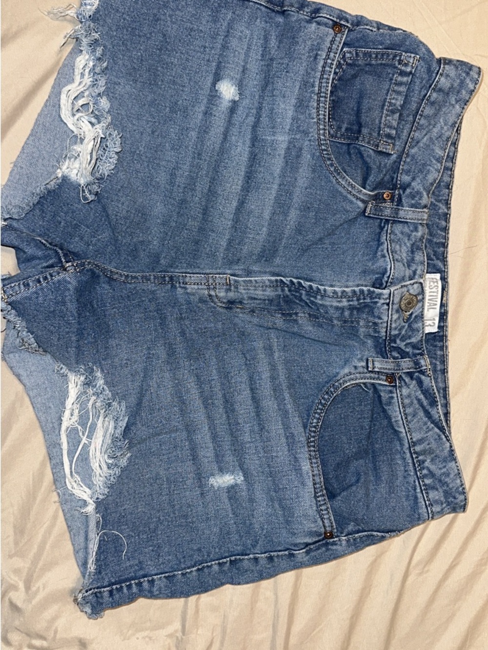Distressed High-Rise Denim Shorts - Light Blue